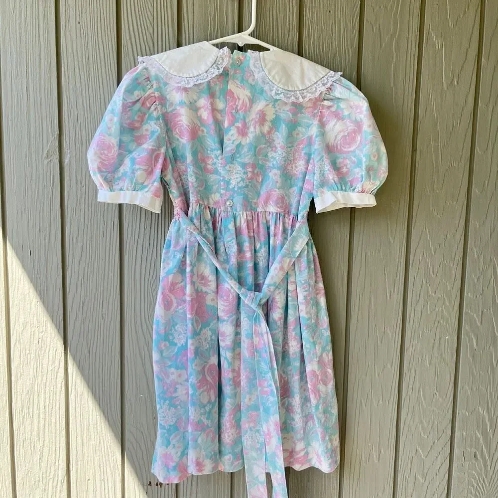 VTG Polly Flinders Pastel Floral Smocked Prairie Dress Girls 7 Lace Collar